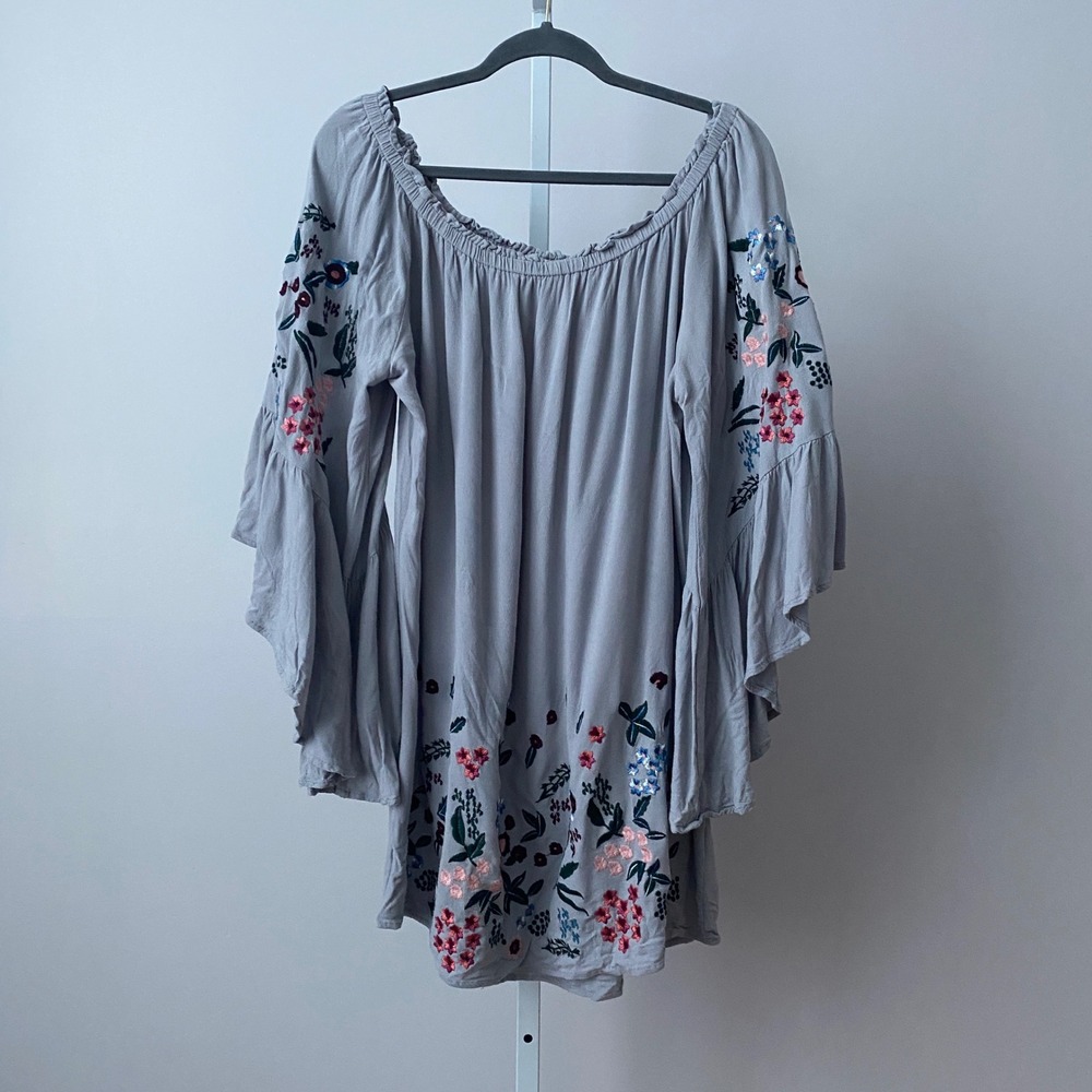 A Beautiful Soul Boho Flowy Peasant Embroidered Bell Sleeve Mini Dress B Gray